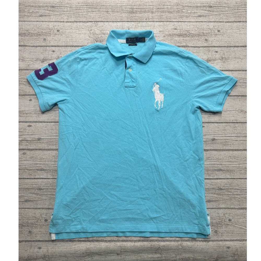 Polo Ralph Lauren Shirt Men's Large Blue Custom Fit Pique Short Sleeve Athletic